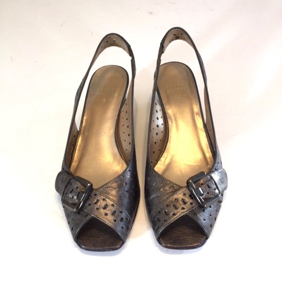 Stuart Weitzman Womens Gray Perforated Leather Wedge Heels Slingback size 6.5 - Picture 2 of 13